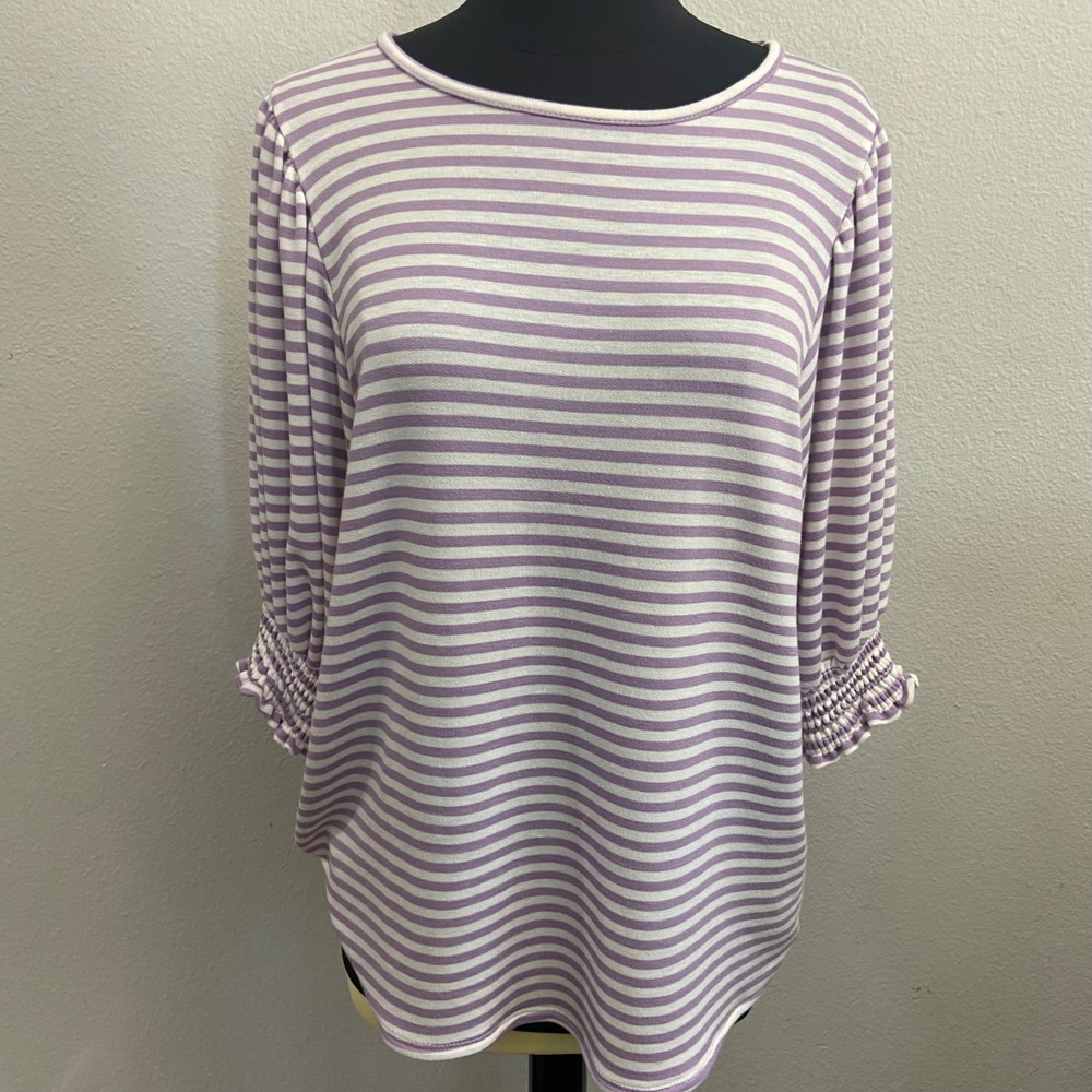Vine & Love Womens L Purple Striped Puff Sleeve Top NWOT Smocked Cuffs‎ Casual